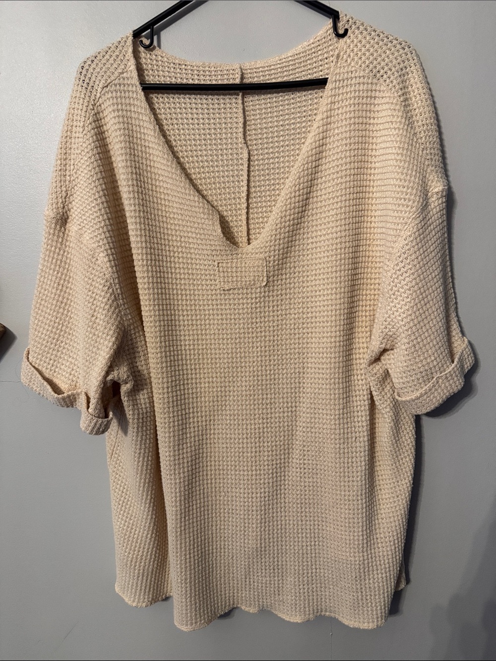 Cream Waffle Knit V-Neck Short Sleeve top xl-2x